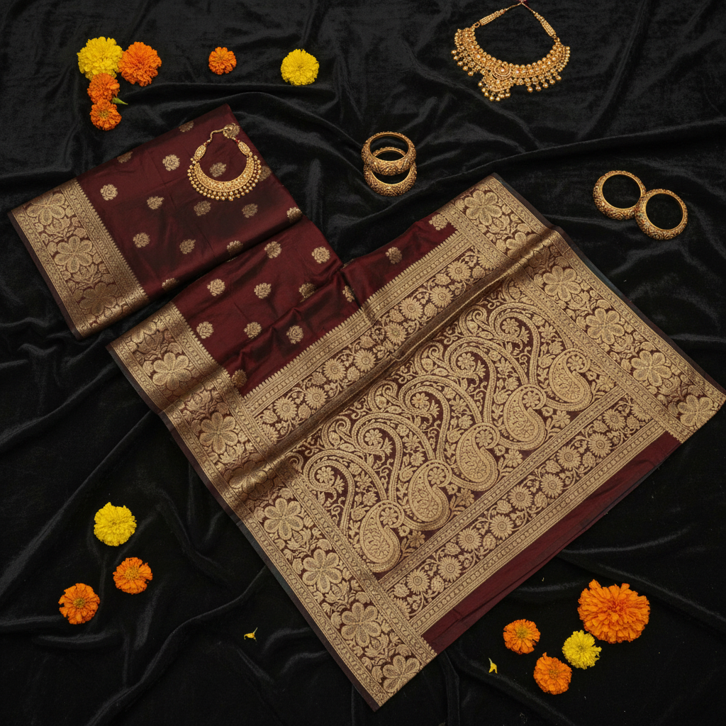 Banarasi Silk Saree - flat lay pallu detail on dark velvet