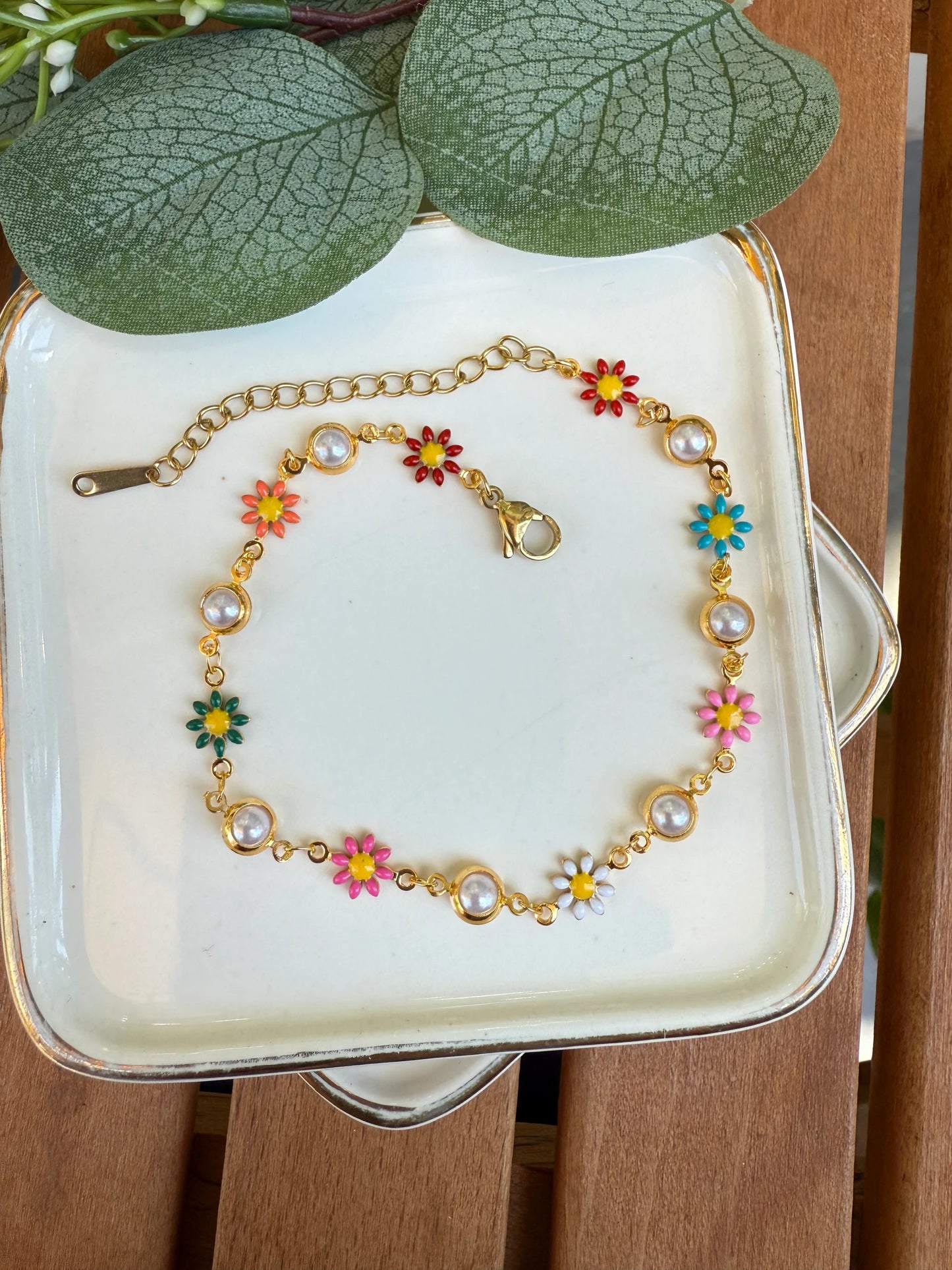 Colorful Daisy Pearl Anklet (Pack of 2) – Gold Plated Floral Chain for Women