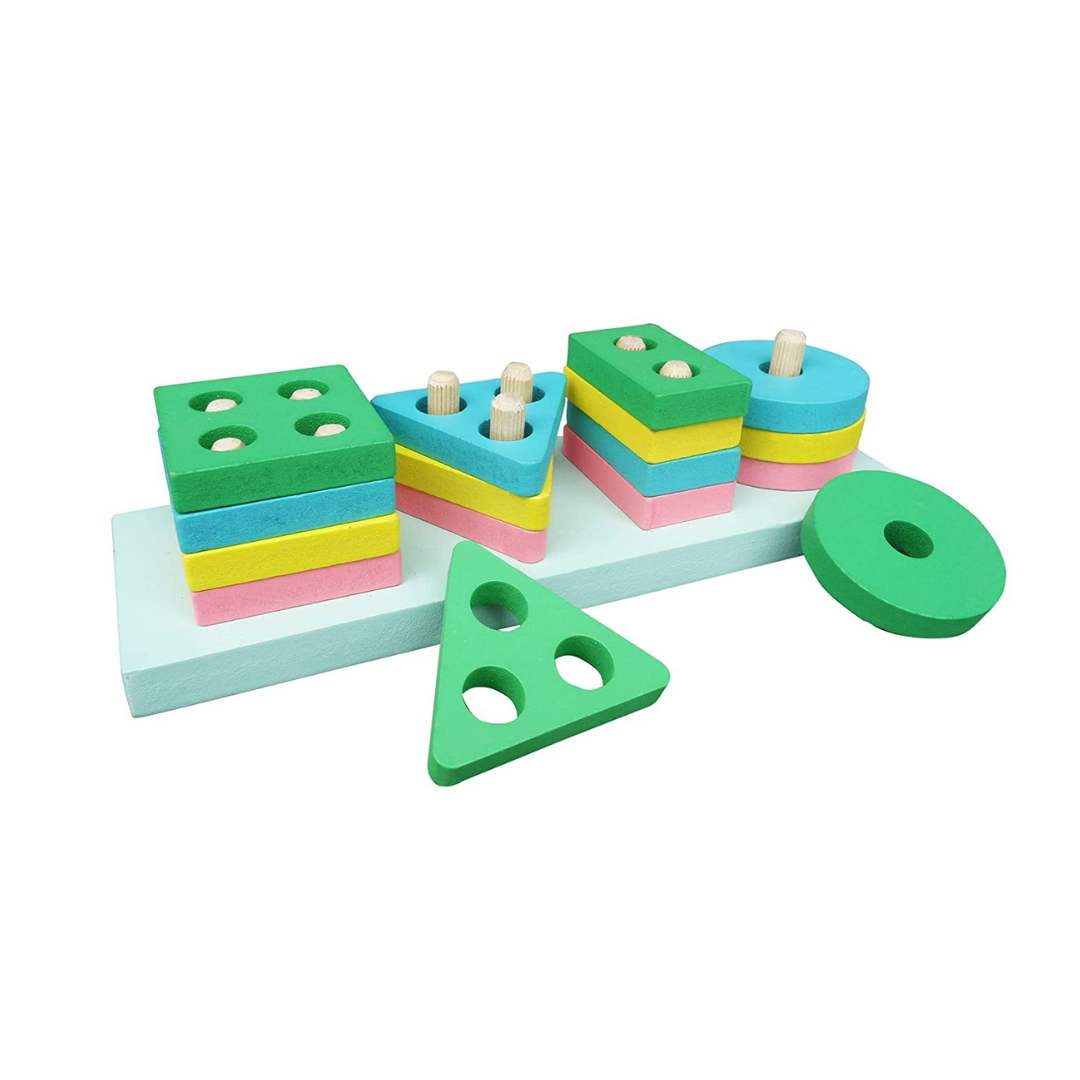 Wooden Geometric Blocks Stacker & Shape Sorter Puzzle