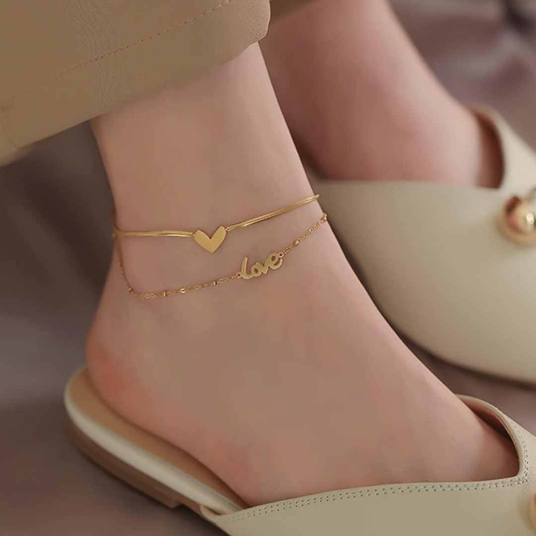 Gold Plated "Love" Anklet – Adjustable Heart Chain for Women