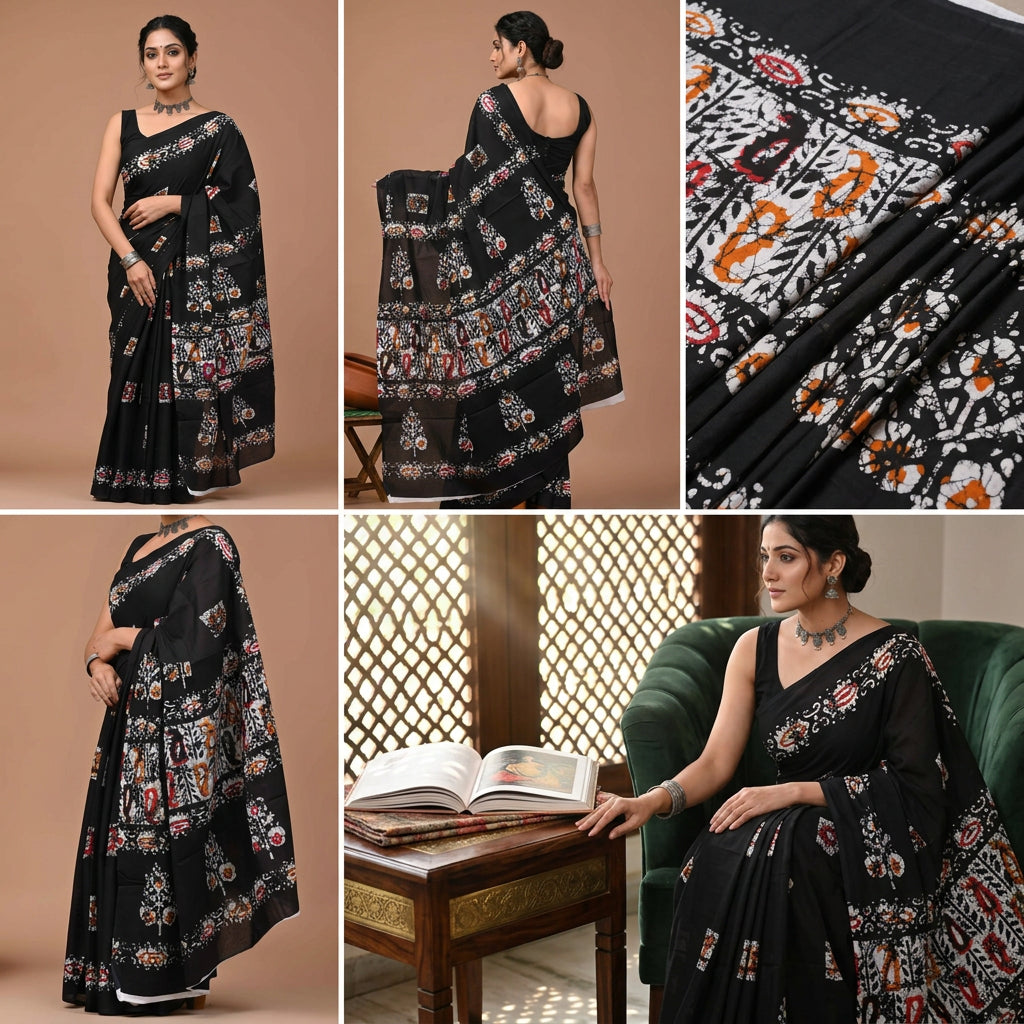 Jaipuri Traditional Hand Block Printed Cotton Mulmul Saree with Blouse Piece