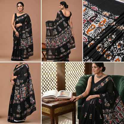 Jaipuri Traditional Hand Block Printed Cotton Mulmul Saree with Blouse Piece