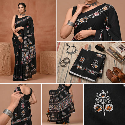 Jaipuri Traditional Hand Block Printed Cotton Mulmul Saree with Blouse Piece