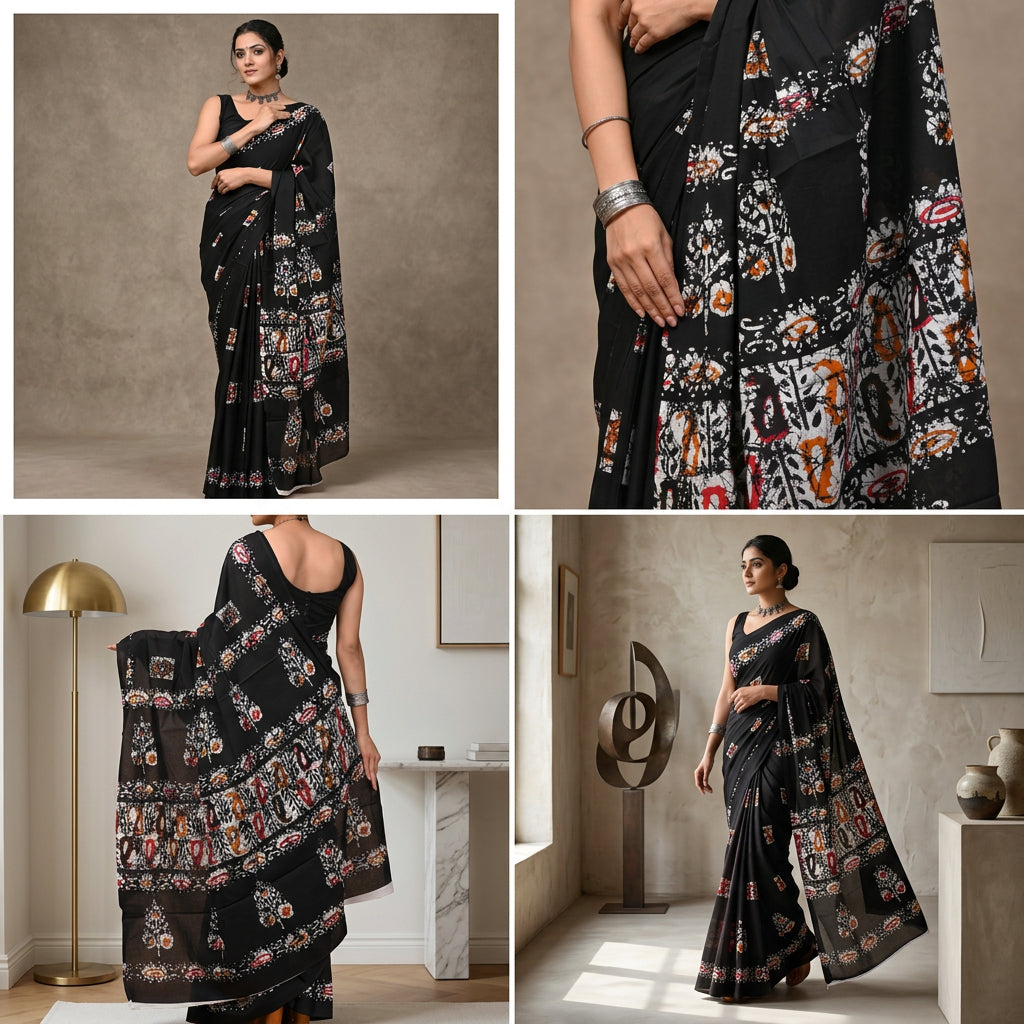 Jaipuri Traditional Hand Block Printed Cotton Mulmul Saree with Blouse Piece