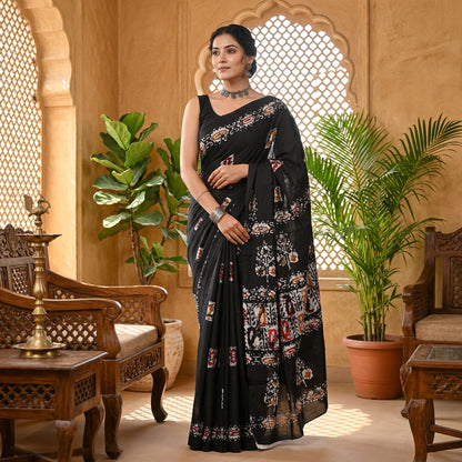 Jaipuri Traditional Hand Block Printed Cotton Mulmul Saree with Blouse Piece
