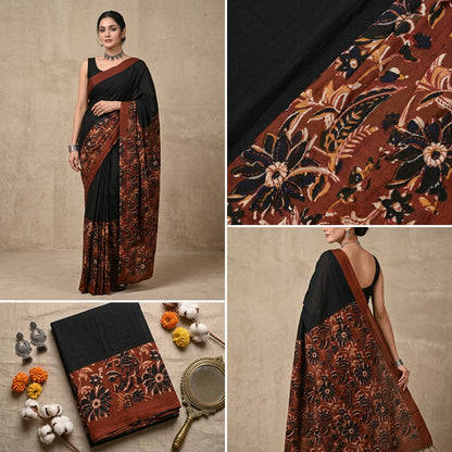 Black & Maroon Jaipuri Hand Block Printed Cotton Mulmul Saree with Blouse Piece