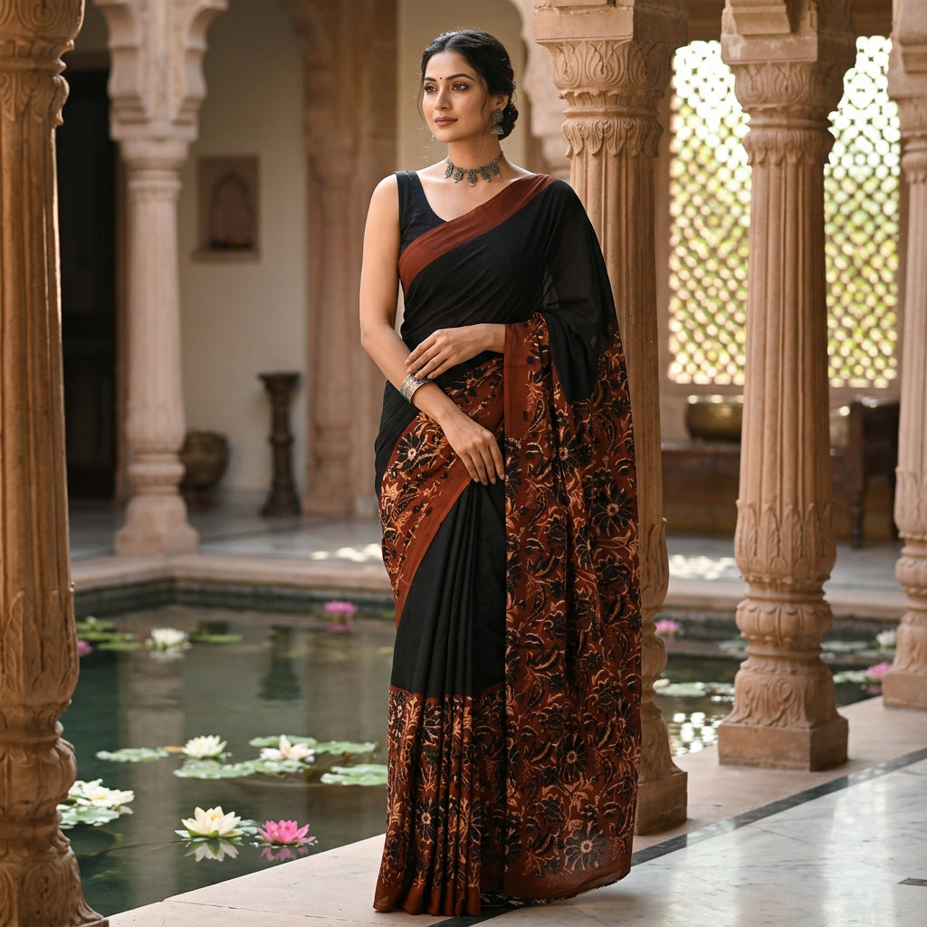 Black & Maroon Jaipuri Hand Block Printed Cotton Mulmul Saree with Blouse Piece