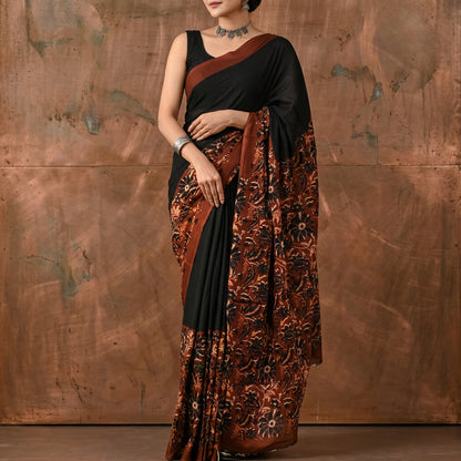 Black & Maroon Jaipuri Hand Block Printed Cotton Mulmul Saree with Blouse Piece