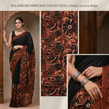 Black & Maroon Jaipuri Hand Block Printed Cotton Mulmul Saree with Blouse Piece