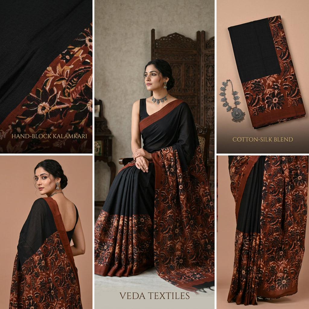 Black & Maroon Jaipuri Hand Block Printed Cotton Mulmul Saree with Blouse Piece