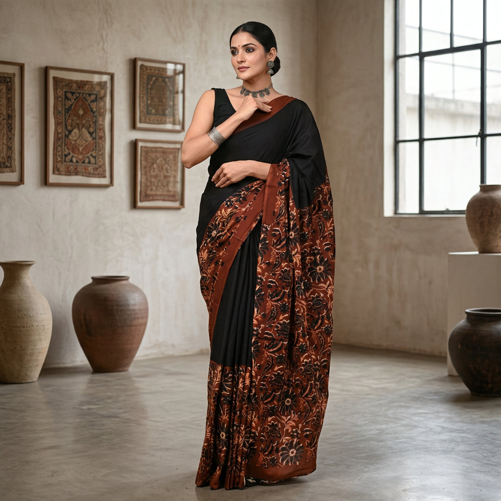 Black & Maroon Jaipuri Hand Block Printed Cotton Mulmul Saree with Blouse Piece