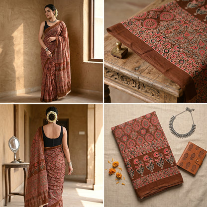 Pankhudi Ajrakh Hand Block Printed Cotton Mulmul Saree with Blouse Piece — Brown & Red