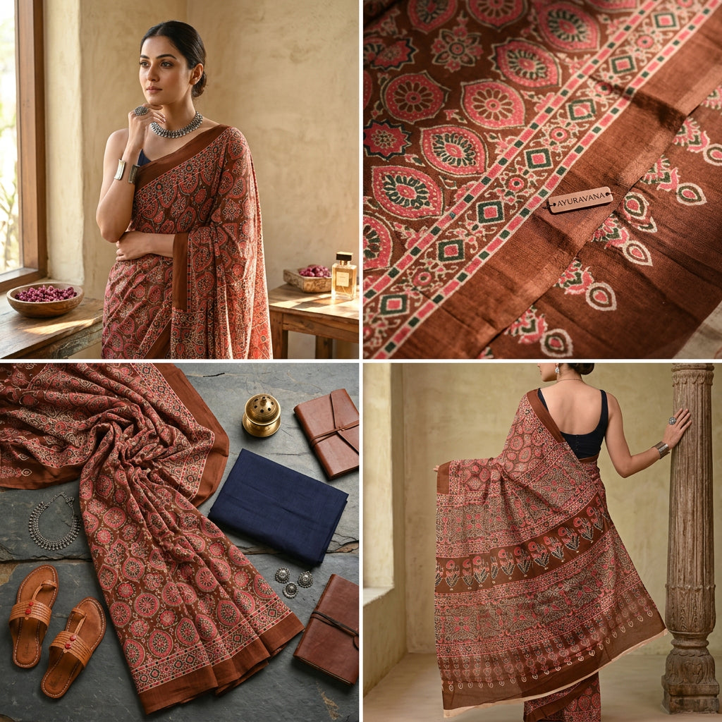 Pankhudi Ajrakh Hand Block Printed Cotton Mulmul Saree with Blouse Piece — Brown & Red