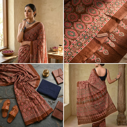 Pankhudi Ajrakh Hand Block Printed Cotton Mulmul Saree with Blouse Piece — Brown & Red