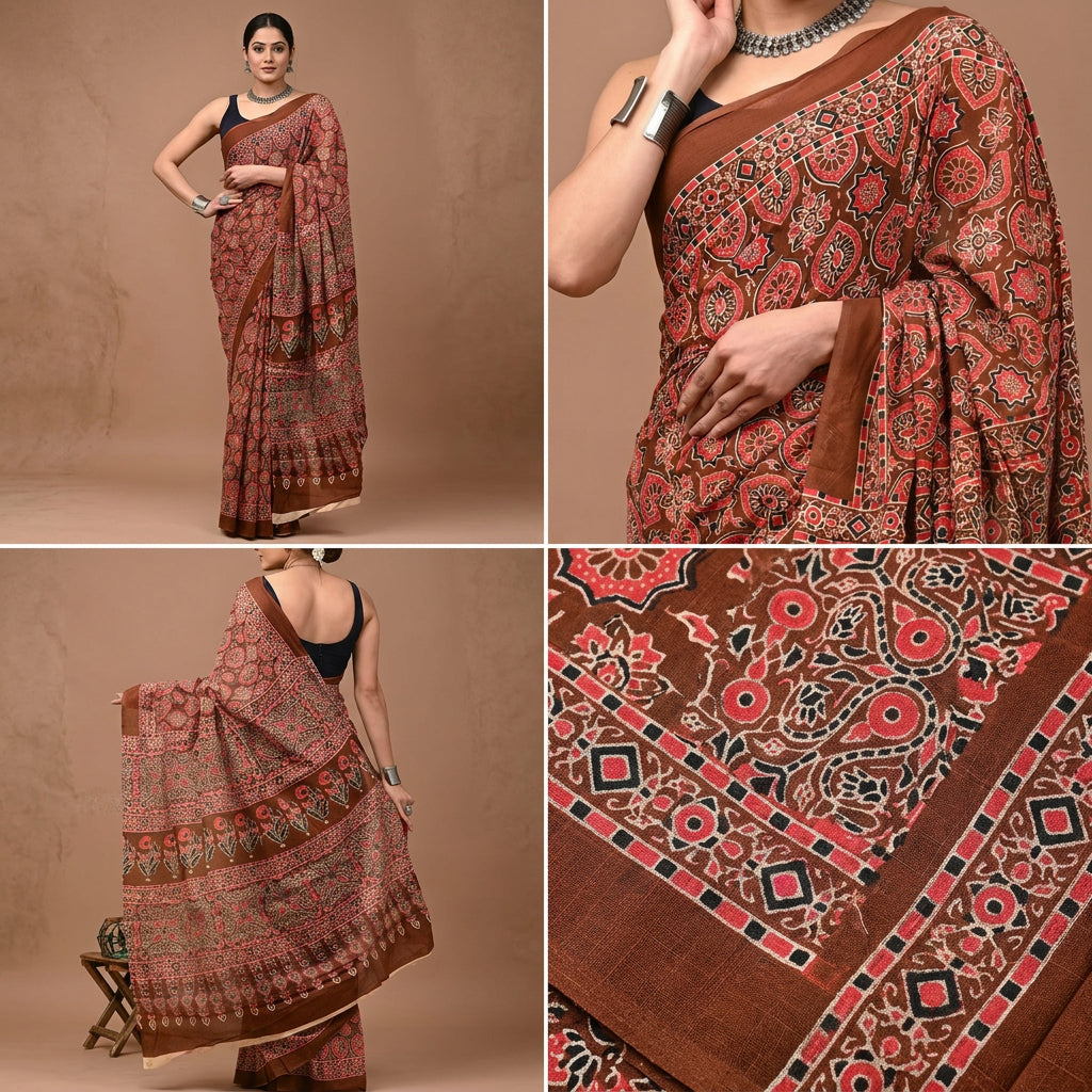 Pankhudi Ajrakh Hand Block Printed Cotton Mulmul Saree with Blouse Piece — Brown & Red