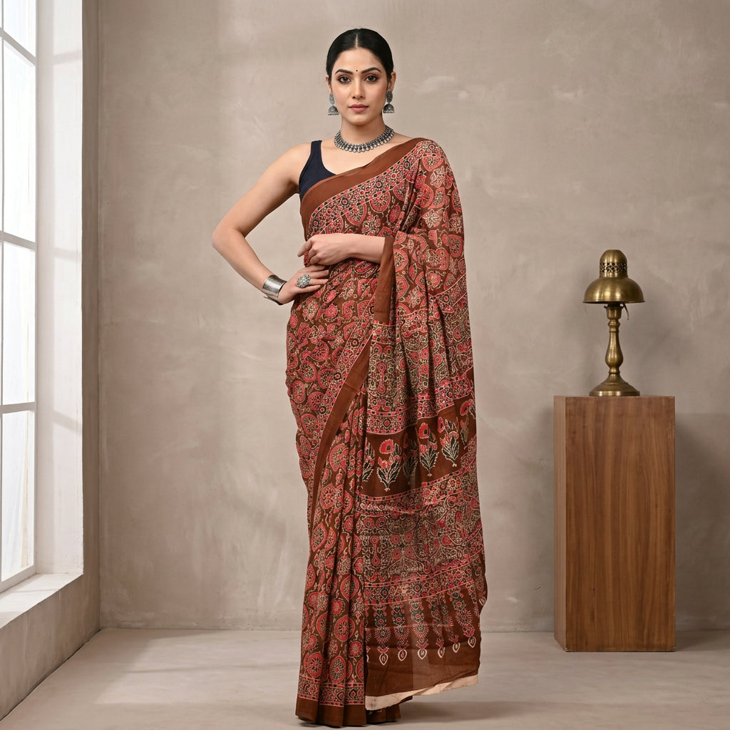 Pankhudi Ajrakh Hand Block Printed Cotton Mulmul Saree with Blouse Piece — Brown & Red