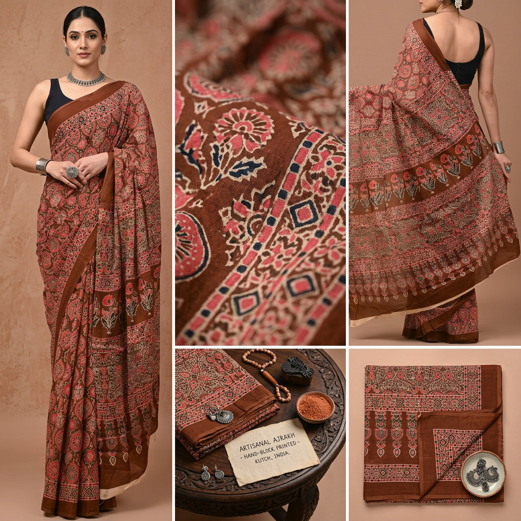 Pankhudi Ajrakh Hand Block Printed Cotton Mulmul Saree with Blouse Piece — Brown & Red