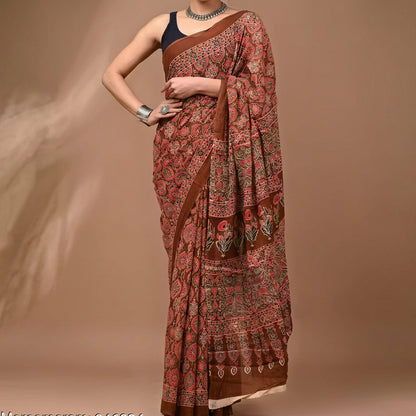 Pankhudi Ajrakh Hand Block Printed Cotton Mulmul Saree with Blouse Piece — Brown & Red
