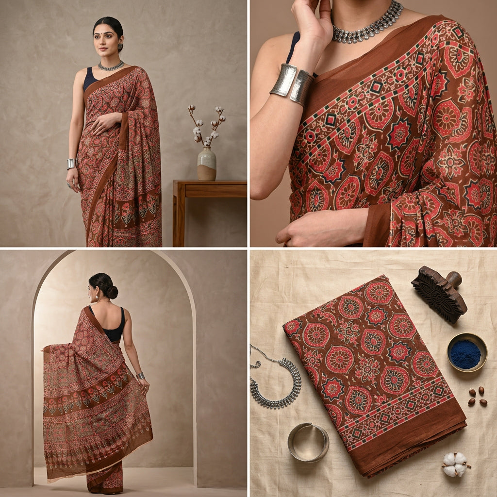 Pankhudi Ajrakh Hand Block Printed Cotton Mulmul Saree with Blouse Piece — Brown & Red