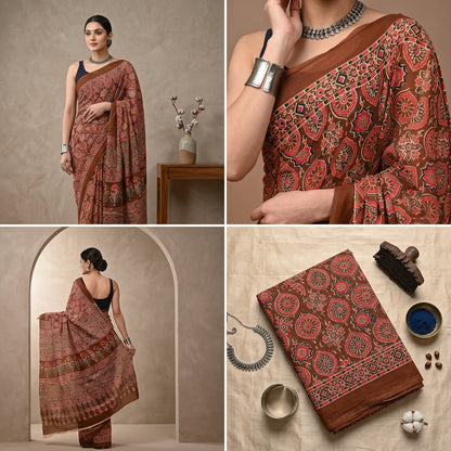 Pankhudi Ajrakh Hand Block Printed Cotton Mulmul Saree with Blouse Piece — Brown & Red