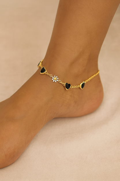 Black Heart & Daisy Chain Anklet (Pack of 2) – Gold Plated Dual Charm Anklets for Women