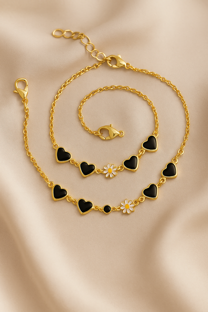 Black Heart & Daisy Chain Anklet (Pack of 2) – Gold Plated Dual Charm Anklets for Women