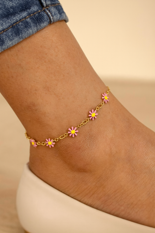 Pink Daisy Gold Anklet (Pack of 2) – Floral Charm Anklets for Women