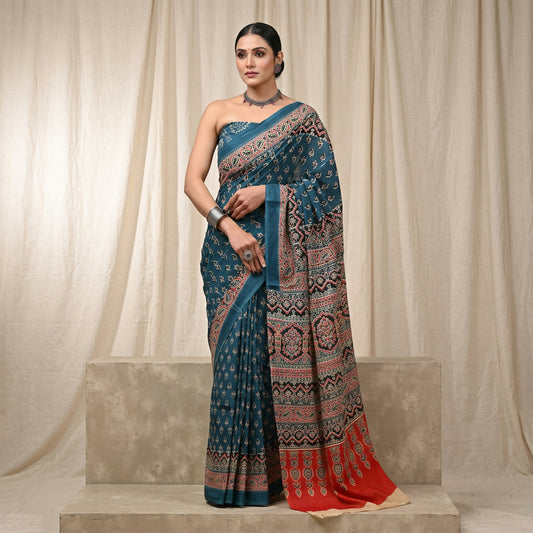Pankhudi Ajrakh Hand Block Printed Cotton Mulmul Saree with Blouse Piece
