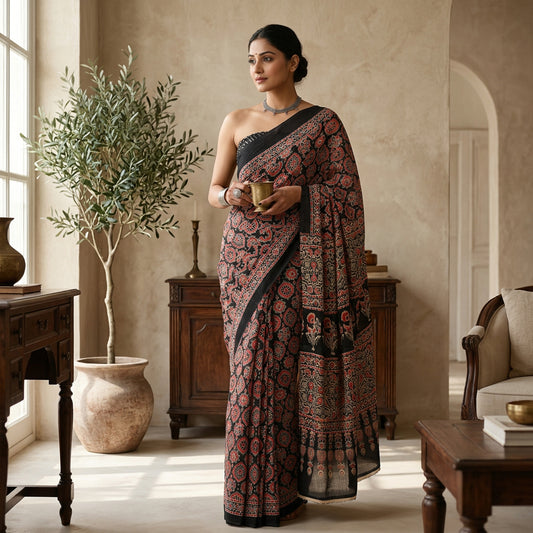 Jaipuri Ajrakh Hand Block Printed Cotton Mulmul Saree with Blouse Piece