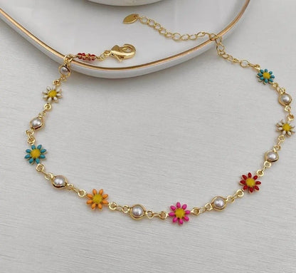 Colorful Daisy Pearl Anklet (Pack of 2) – Gold Plated Floral Chain for Women