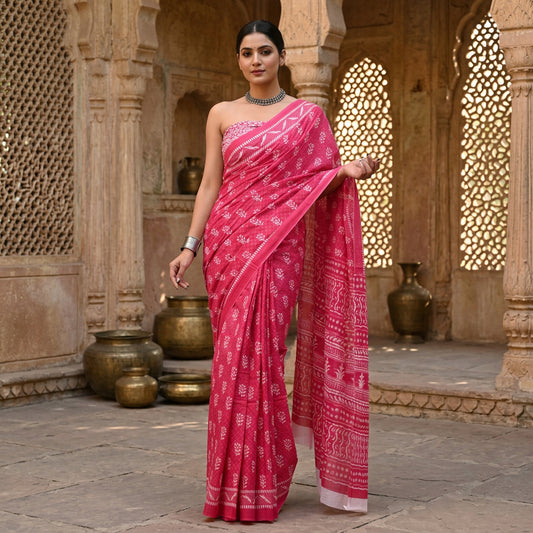Gulabi Aankhen Hand Block Printed Cotton Mulmul Saree with Blouse Piece