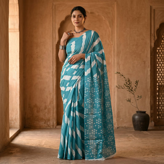 Rama Green Lehriya Hand Block Printed Cotton Mulmul Saree with Blouse Piece