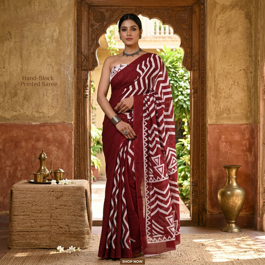 Jaipuri Traditional Hand Block Printed Cotton Mulmul Saree with Blouse Piece
