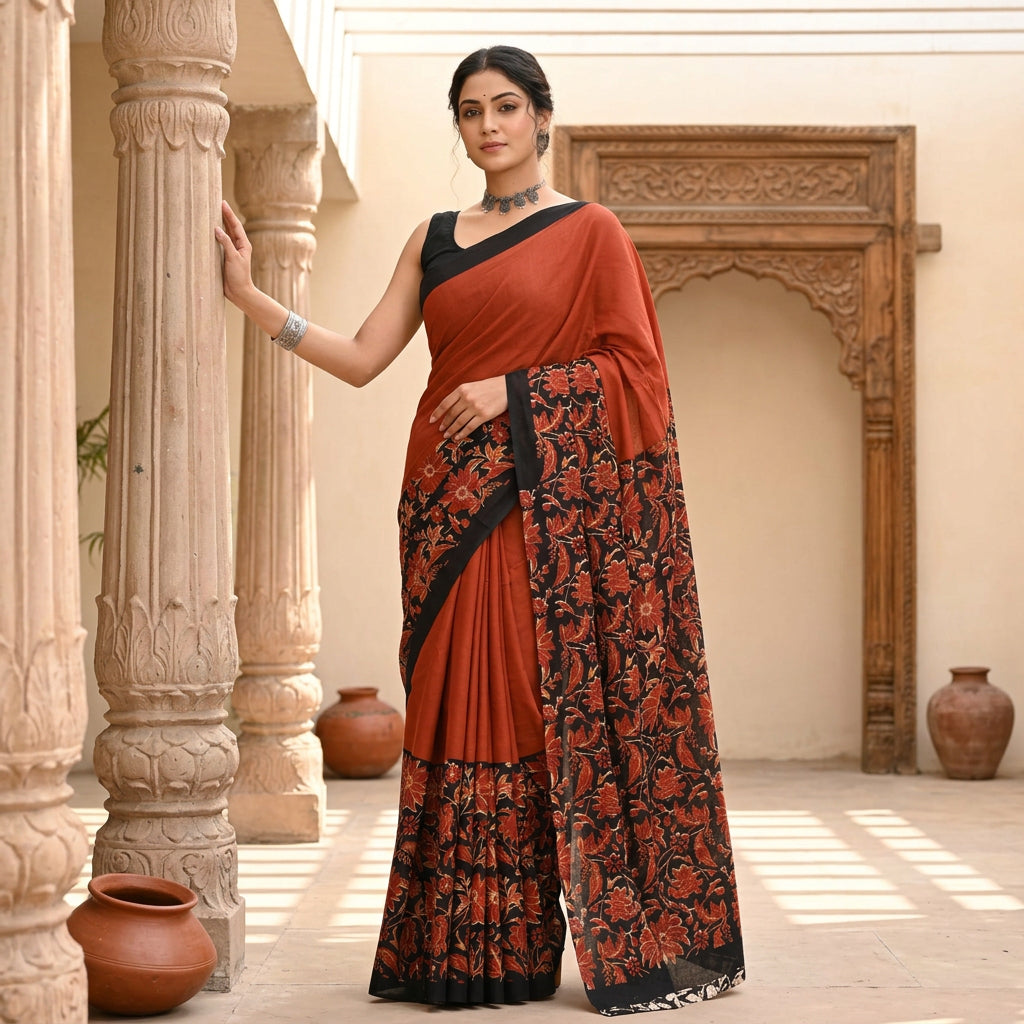 Vasudha Hand Block Printed Cotton Mulmul Saree with Blouse Piece