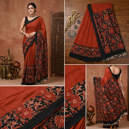 Vasudha Hand Block Printed Cotton Mulmul Saree with Blouse Piece