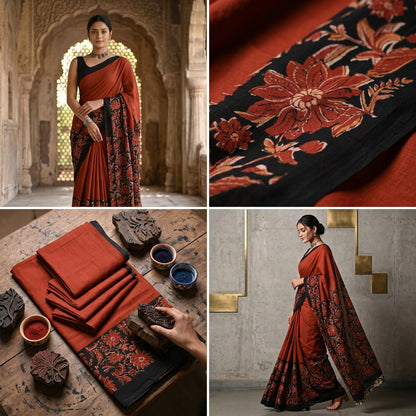 Vasudha Hand Block Printed Cotton Mulmul Saree with Blouse Piece