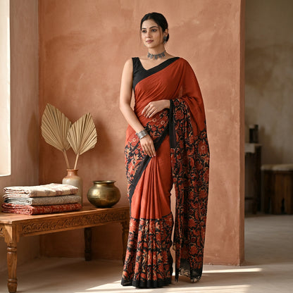 Vasudha Hand Block Printed Cotton Mulmul Saree with Blouse Piece