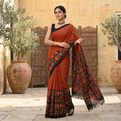 Vasudha Hand Block Printed Cotton Mulmul Saree with Blouse Piece