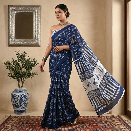 Neelam Butti Hand Block Printed Cotton Mulmul Saree with Blouse Piece