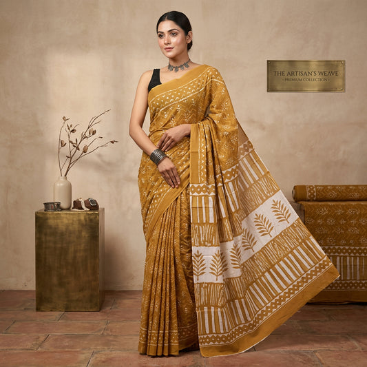 Pankhudi Ajrakh Hand Block Printed Cotton Mulmul Saree with Blouse Piece — Mustard & White