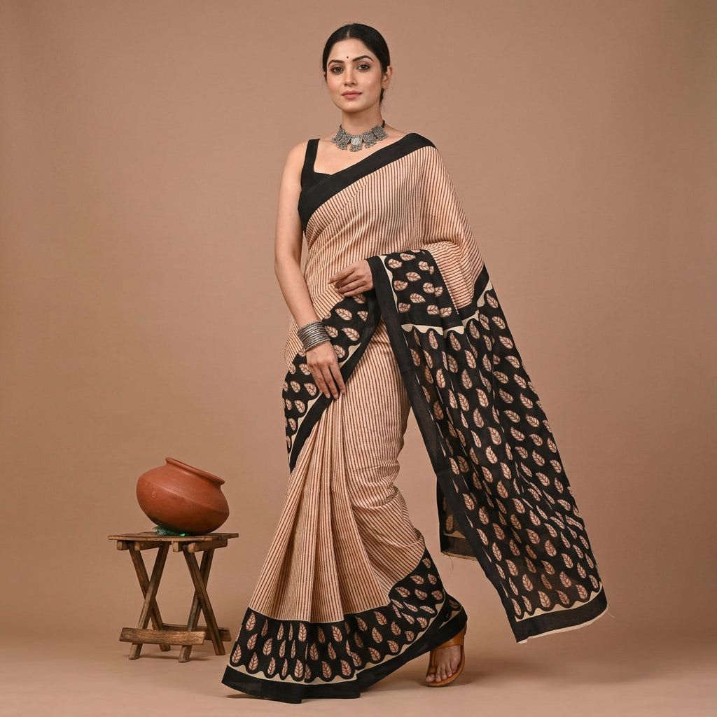 Rekha Stripe & Leaf Hand Block Printed Cotton Mulmul Saree with Blouse Piece