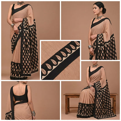 Rekha Stripe & Leaf Hand Block Printed Cotton Mulmul Saree with Blouse Piece