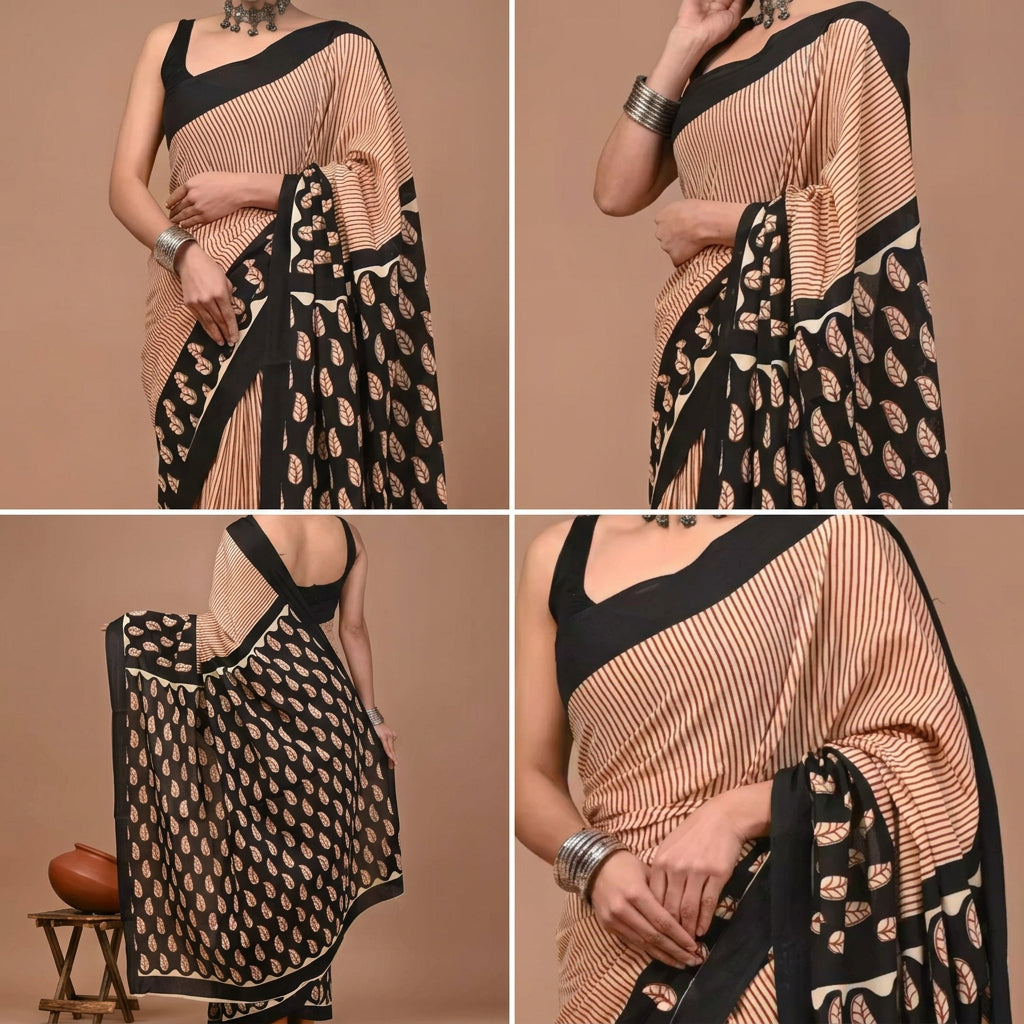 Rekha Stripe & Leaf Hand Block Printed Cotton Mulmul Saree with Blouse Piece
