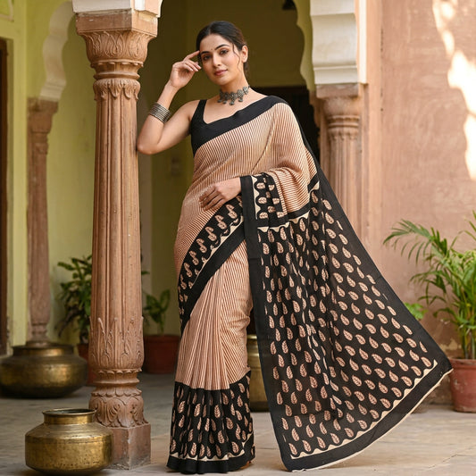 Rekha Stripe & Leaf Hand Block Printed Cotton Mulmul Saree with Blouse Piece