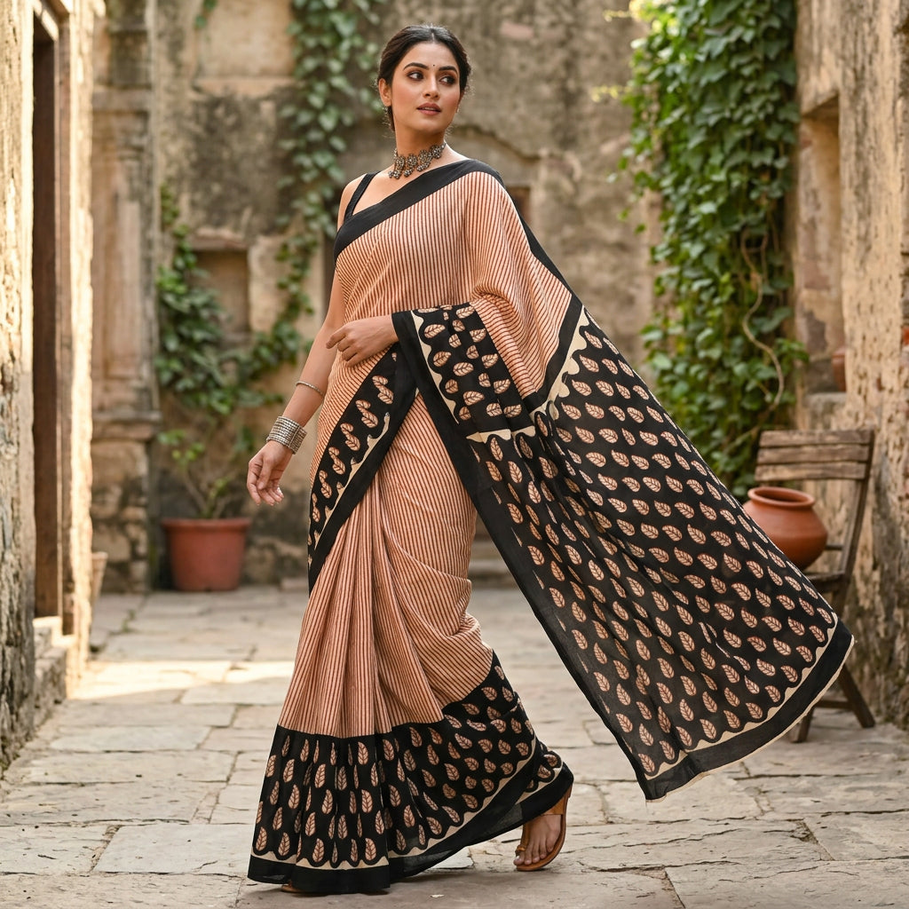 Rekha Stripe & Leaf Hand Block Printed Cotton Mulmul Saree with Blouse Piece
